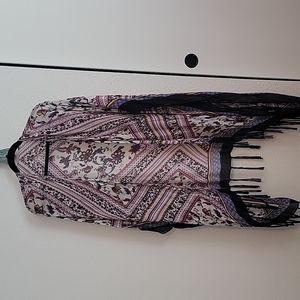 Kimono, wrap, swimsuit cover up. Printed with black fringe. One size. Like new